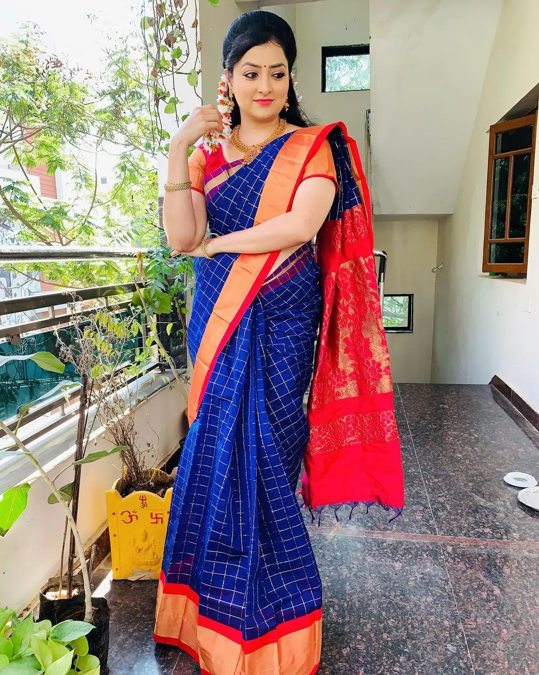 ETV Abhiruchi Madhuri Kandavalli Stills In Blue Saree Orange Blouse